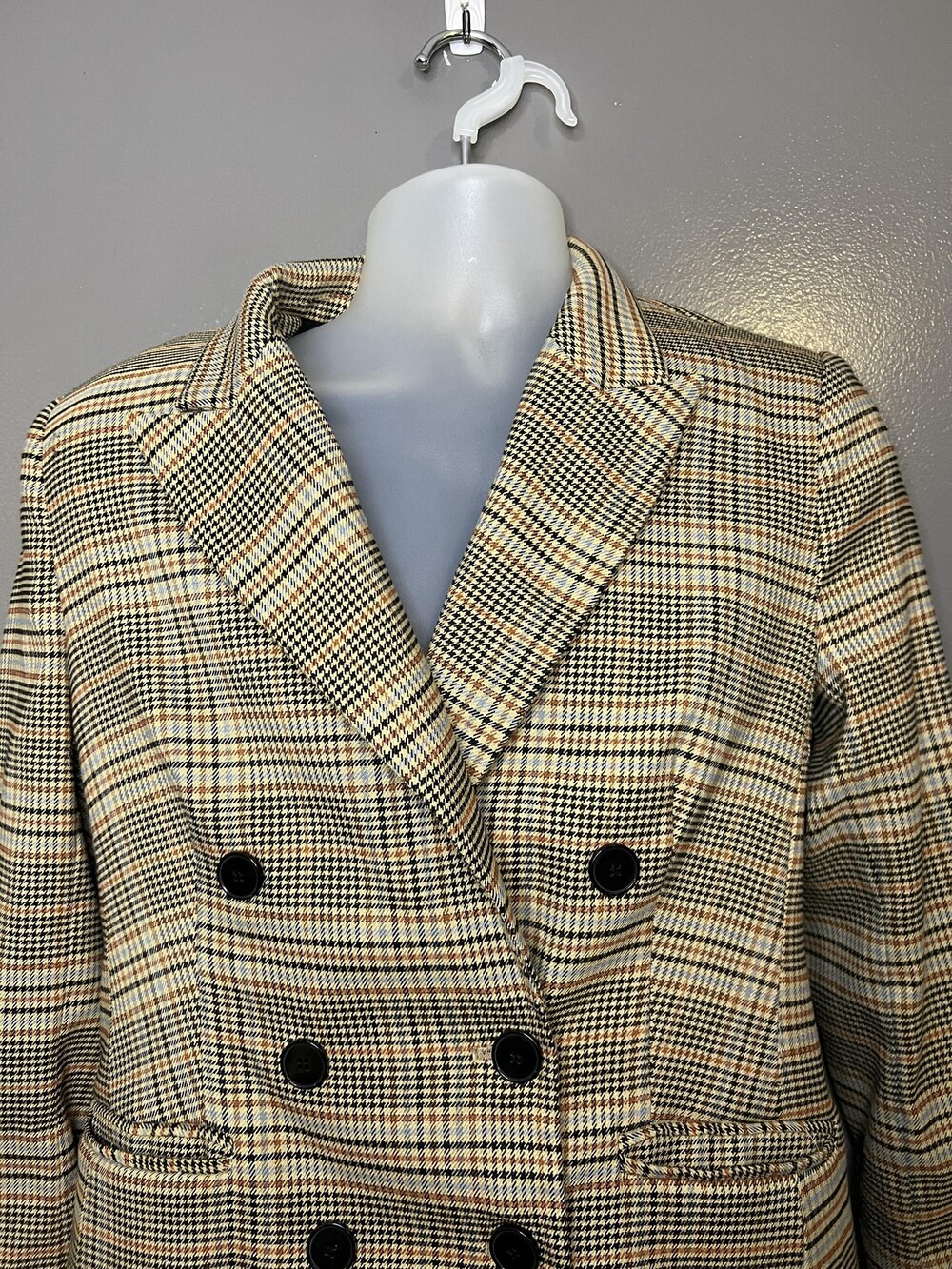 Marled Blazer Womens S Beige Plaid Double Breasted Lined Notch Lapel Jacket